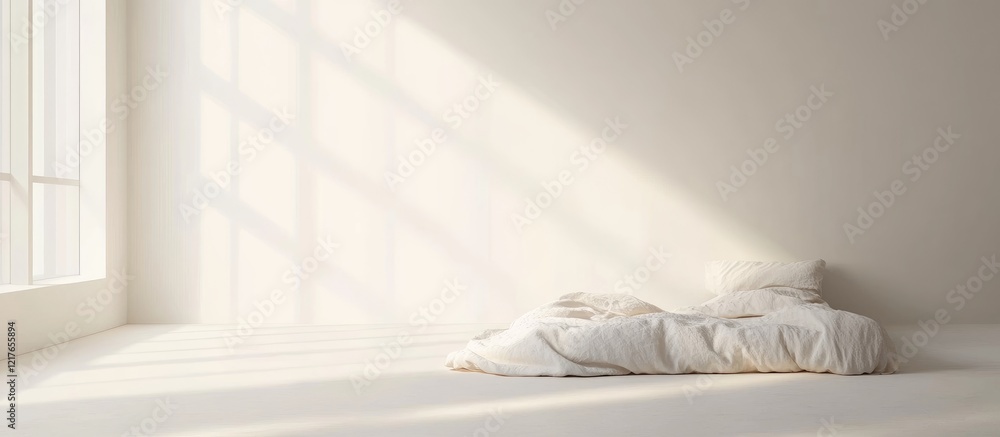 Poster serene minimalist bedroom with soft fabric bedding and ample natural light creating a tranquil atmos