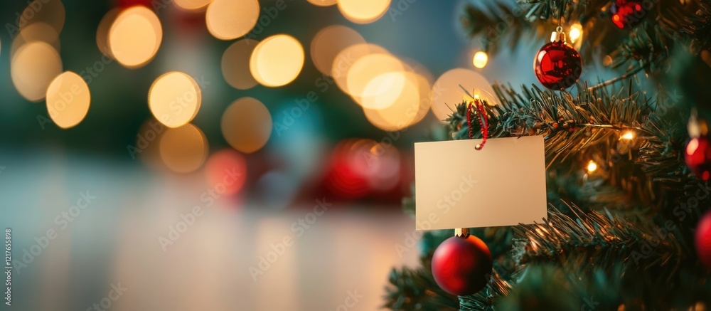 Poster blank card hanging on christmas tree with bokeh lights for holiday greetings and message copyspace