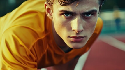 Intense Close-Up of Focused Young Soccer Player in Track Suit Ready for Action with Clear Space for Text Overlay