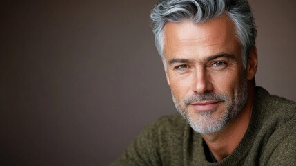 Fototapeta premium Mature man with stylish gray hair in a relaxed pose against a soft neutral background exuding confidence and charm.