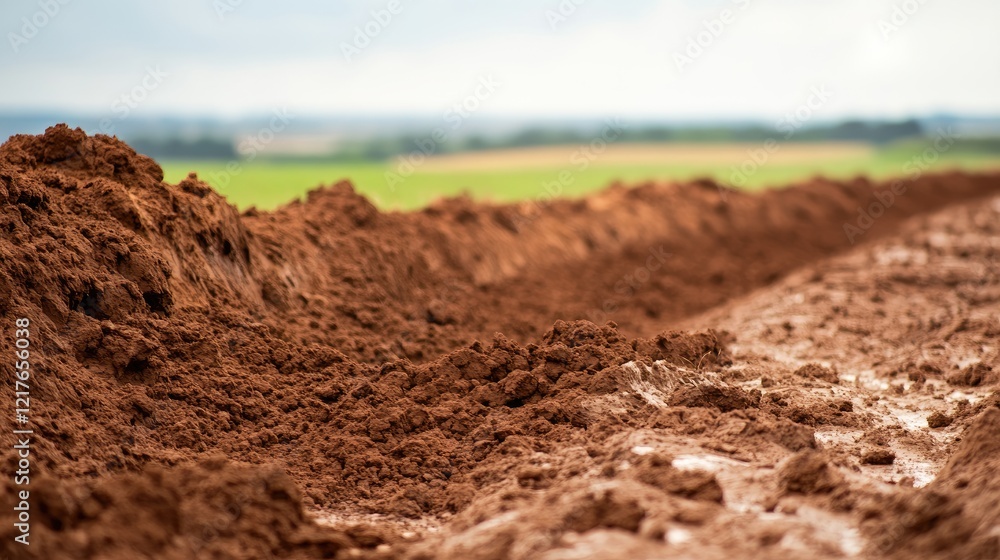 Poster dry clay soil texture with overcast sky, featuring expansive empty space ideal for overlaying text o