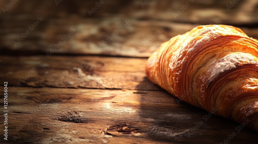 Poster golden croissant resting on a rustic wooden table beautifully set for bakery-themed presentations wi
