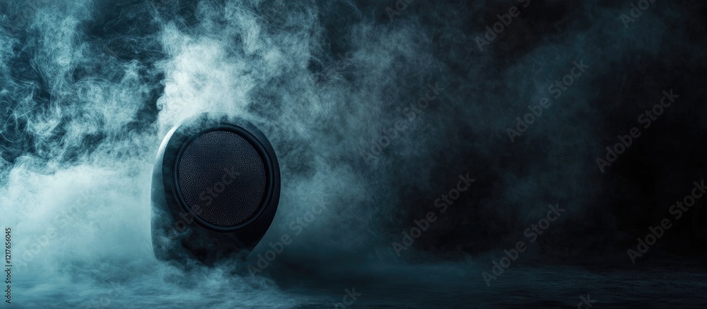 Aufkleber dark atmospheric setting featuring a black speaker enveloped in smoke with ample copyspace for text 