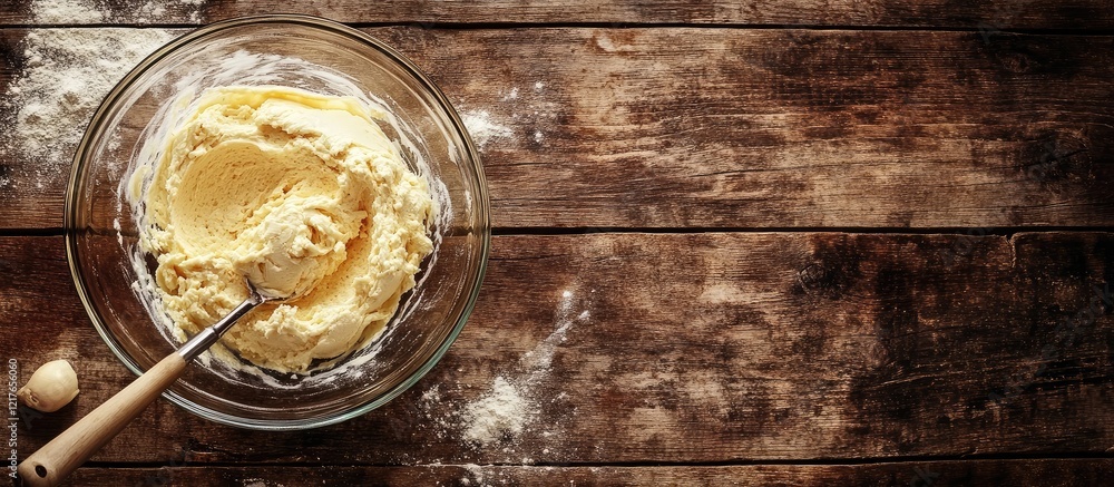 Poster batter preparation in a glass bowl with wooden spoon on rustic table showcasing textured surface and