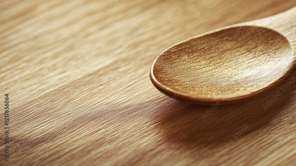 Poster wooden spoon resting on a rustic wooden table with ample empty space for culinary text or recipe det