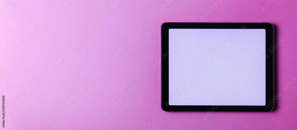 Poster Digital tablet with purple border on pink background blank screen for text and design mockup with ample copyspace for creative content
