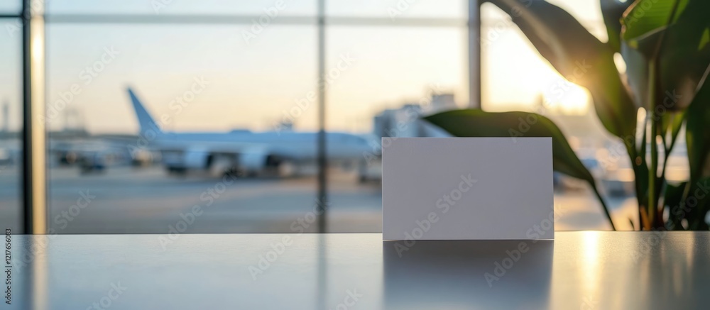 Poster Blank cardstock paper on airport desk with empty copyspace for text against a backdrop of planes and sunset for advertising or announcements