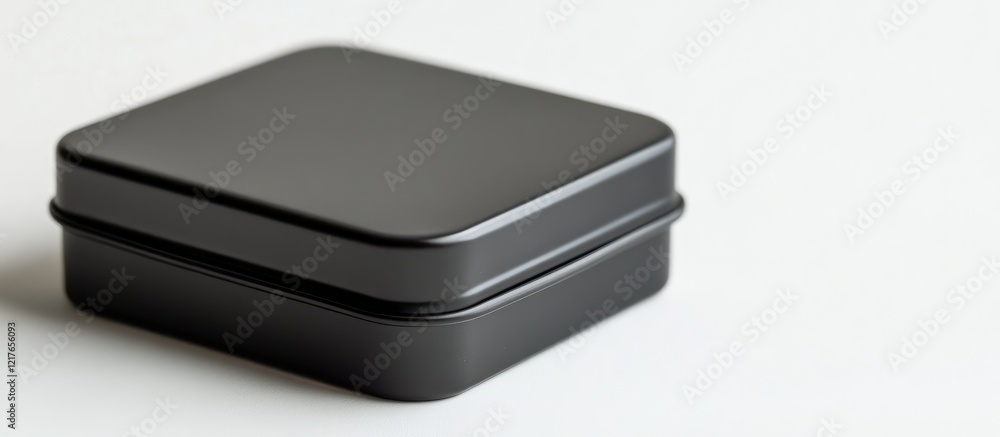 Aufkleber Elegant Black Tin Box in Corner View Isolated on White Background with Ample Copyspace for Custom Text and Design Usage
