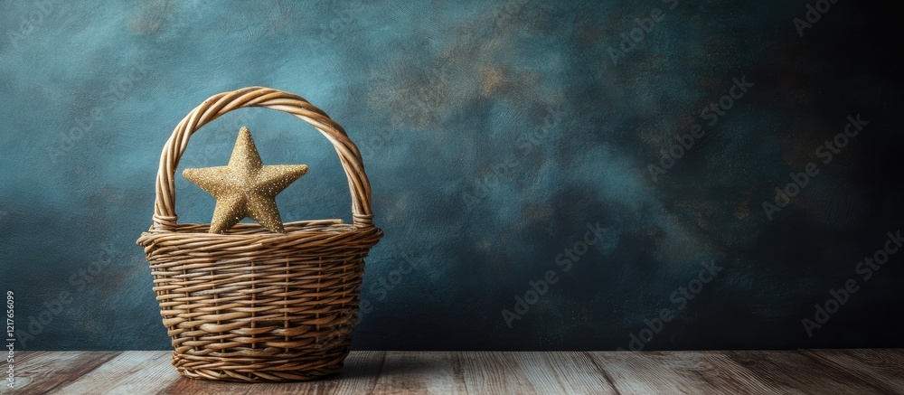 Poster basket with gold star on minimalist background creative still life photography with empty space for 