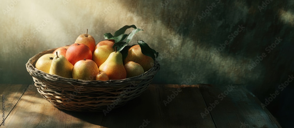 Poster basket of ripe apples and pears illuminated by soft light with shadows perfect for showcasing text o