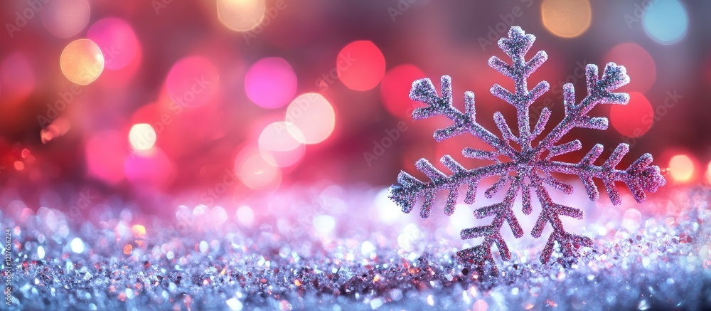 Poster Glittering Snowflake on Colorful Blurred Background with Bokeh Effects and Empty Space for Text Perfect for Winter Holiday Themes