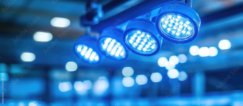 Poster bright blue led lights illuminating industrial space with clear copy space for text and display