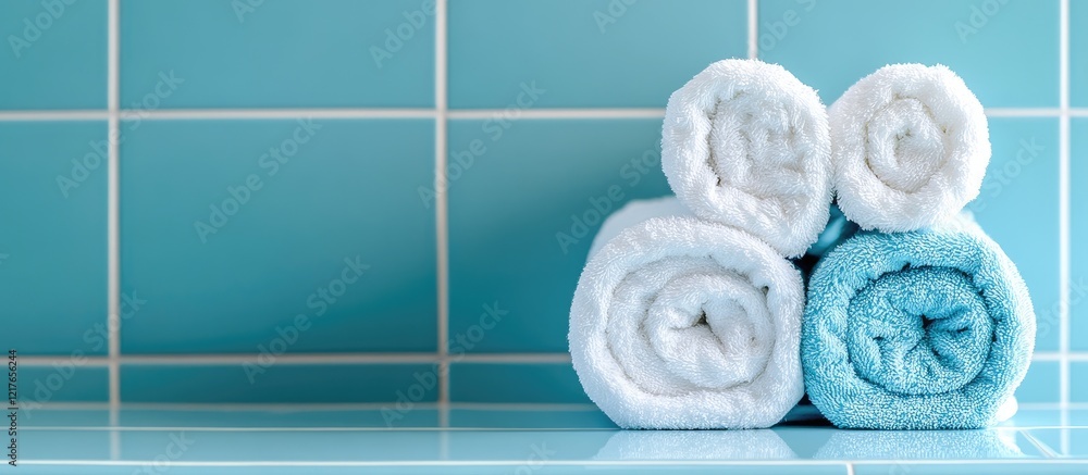 Poster Neatly rolled towels in a bright bathroom setting with vibrant turquoise tiles and empty space for text or promotional content