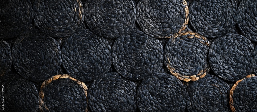 Poster textural black woven round rug background with empty copyspace for text suitable for interior design