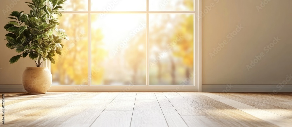 Poster bright airy room with hardwood floors and large window offering natural light and ample space for te