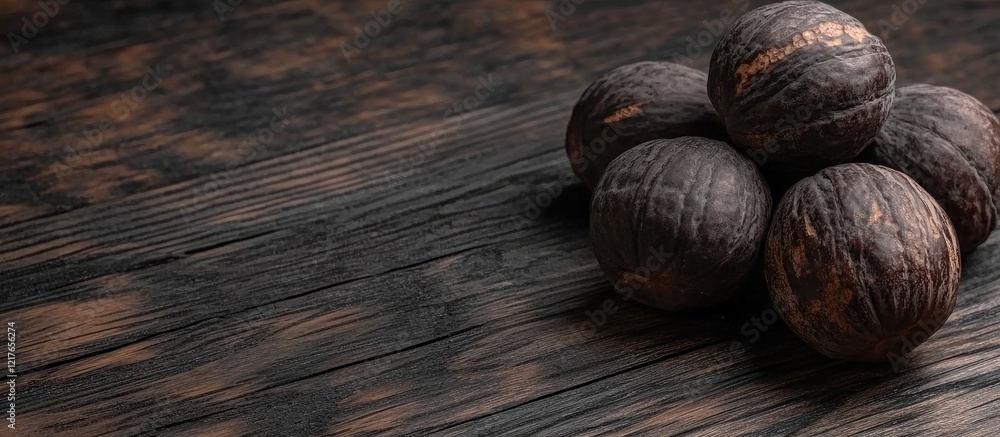 Poster Black walnut scattered on dark wooden surface with ample copyspace for text or product placement in a rustic setting