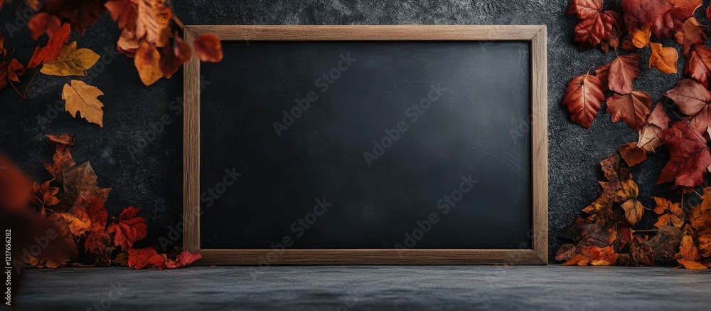 Poster Blackboard surrounded by autumn leaves creating a dark themed background with ample copyspace for personalized text or messages