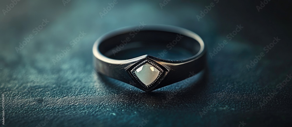 Poster elegant black ring with a central white gemstone designed on a textured surface with ample copyspace