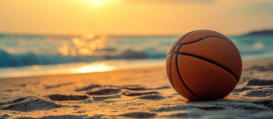 Basketball resting on sandy beach at sunset with golden hour lighting and serene background offering ample copyspace for text