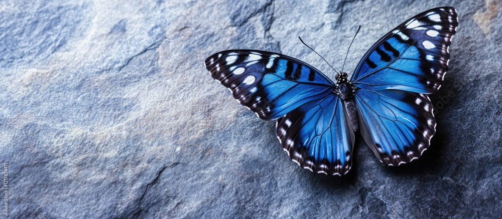 Aufkleber Vibrant blue butterfly with striking black and white patterns resting on textured surface with ample empty space for your text or design elements