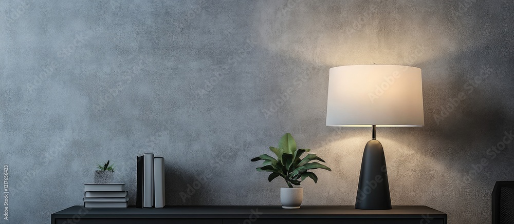 Poster Stylish bedside table featuring a lamp and minimalist gray backdrop with ample empty space for text or advertising purposes