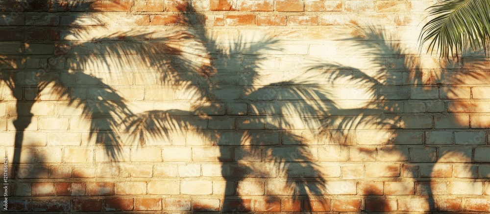Aufkleber Vintage brick wall featuring shadows of tall palm trees creating diverse shades, with ample empty space for text placement.
