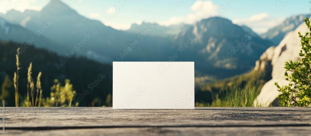 Poster Blank Card Mockup on Wooden Table with Scenic Mountain View and Space for Custom Text or Designs