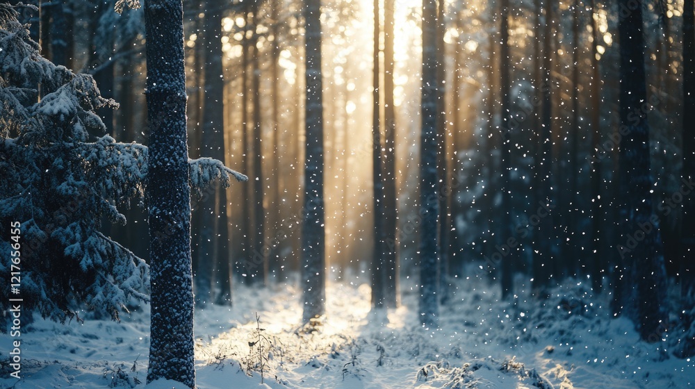 Poster snow-covered forest with sunlight filtering through trees creating a winter atmosphere copy space