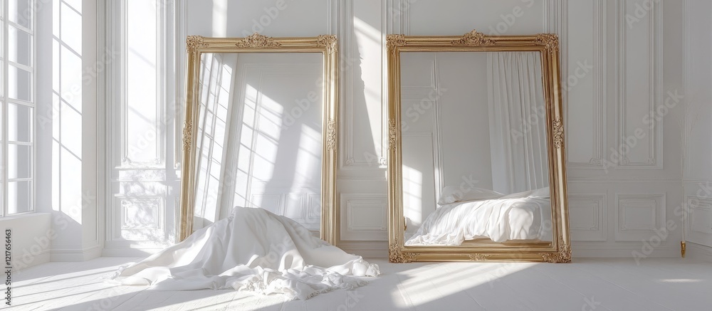 Aufkleber Elegant bright bedroom with two stylish mirrors and ample empty space for creative text placement in serene atmosphere.