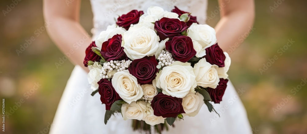 Poster elegant bridal bouquet featuring white and deep red roses with space for personalized text or messag