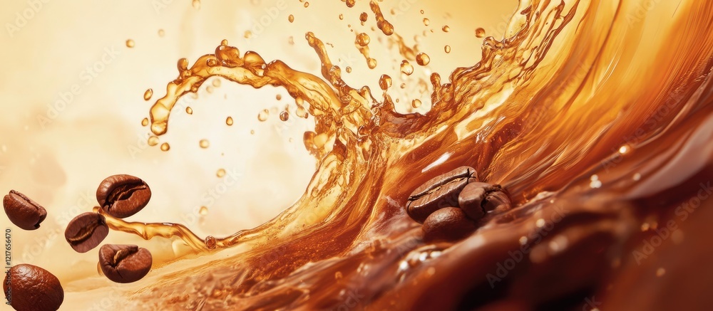 Aufkleber Vibrant splash of brewed roasted coffee with macro detail of beans and ample empty space for text in a warm, inviting background