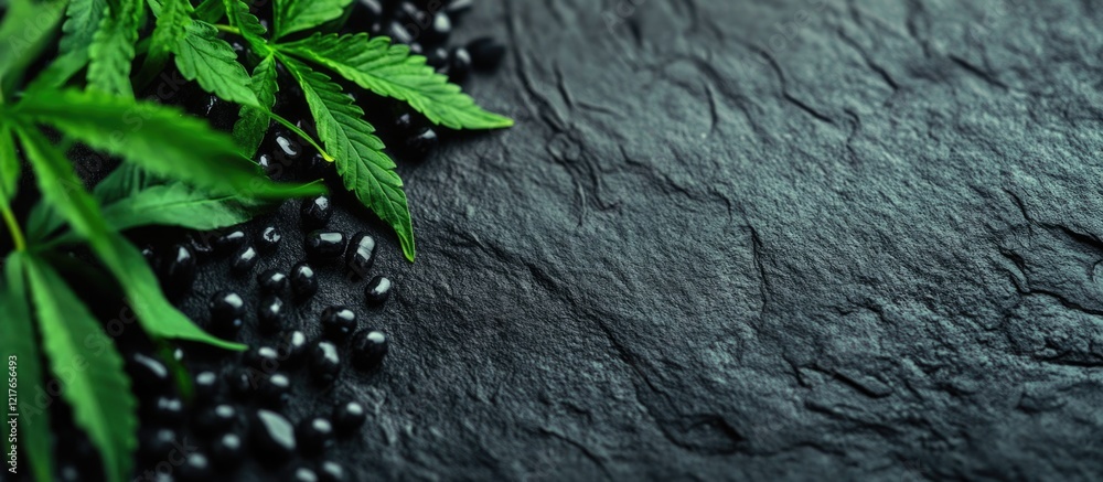 Poster hemp leaves and seeds on textured stone background with ample copy space for text placement