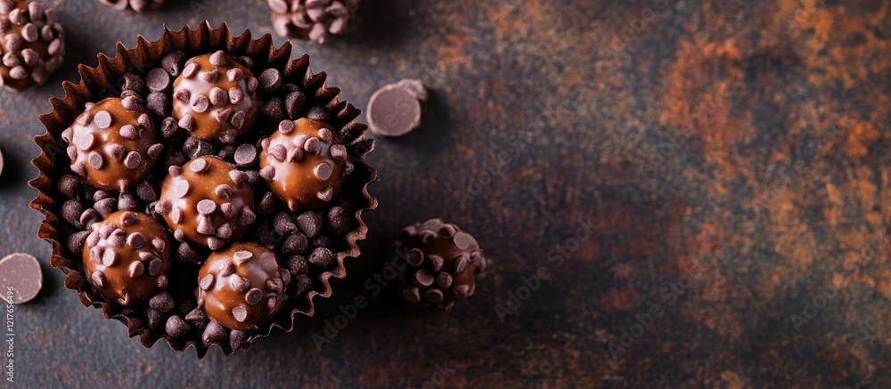 Aufkleber Brigadeiro Brazilian Dessert with Chocolate Chips on Rustic Background with Empty Space for Text or Promotional Use