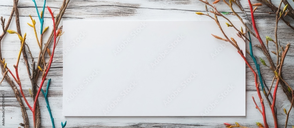 Aufkleber Blank Paper Mockup Surrounded by Colorful Stamped Branches on Rustic Wooden Surface Ideal for Text Placement and Creative Design