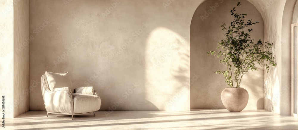 Poster serene and airy interior with soft color palette featuring an armchair and planter ideal for showcas