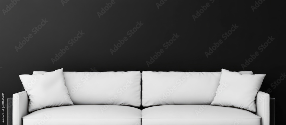 Poster black sofa adorned with white cushions in modern living room setting featuring ample empty copyspace