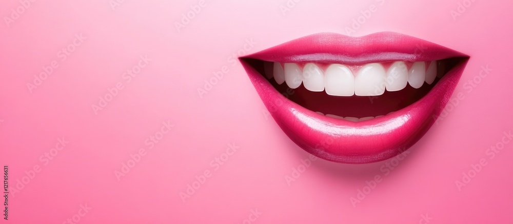 Poster smile on pink background with open mouth and white teeth for text placement in ad design or marketin