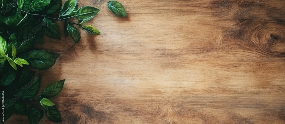 Poster nature-inspired wooden table surface with blank space for text and foliage accents for creative proj