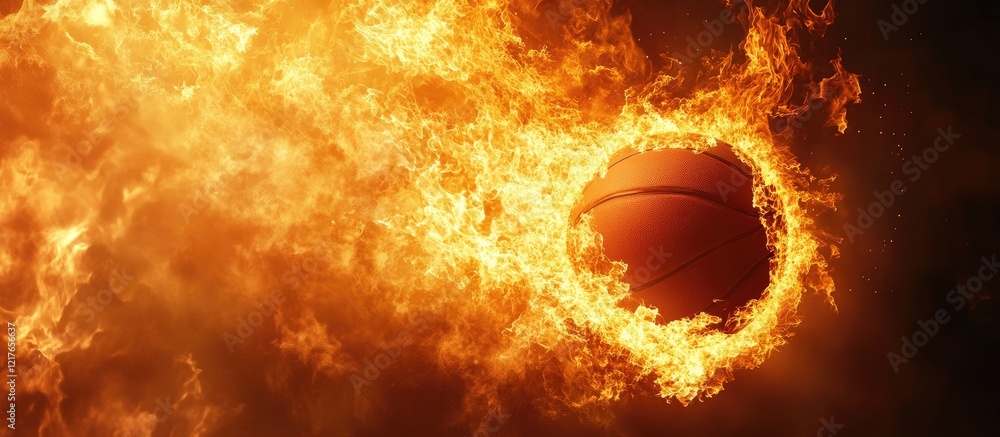 Poster basketball flying through fiery flames creating dynamic energy with ample space for text or branding