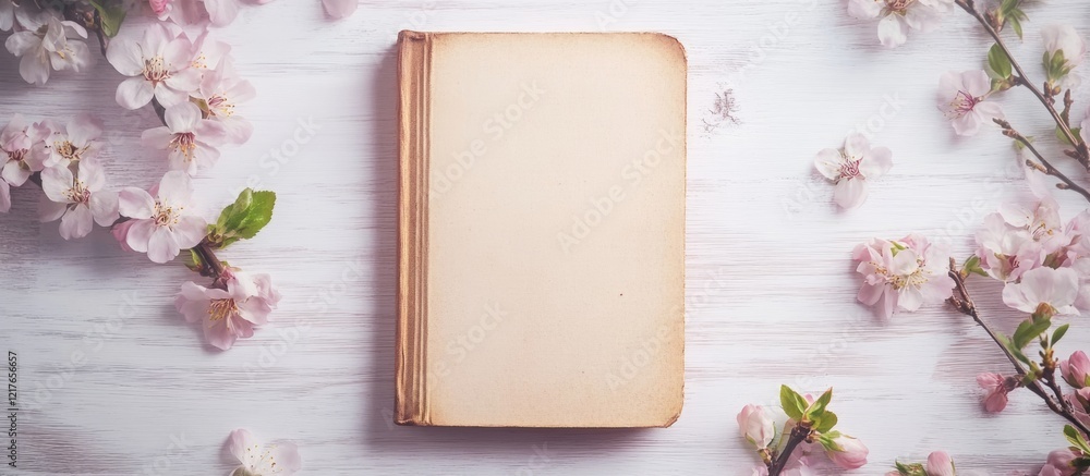 Aufkleber vintage book and blossoms on table with blank card mockup and copyspace for text in serene floral se