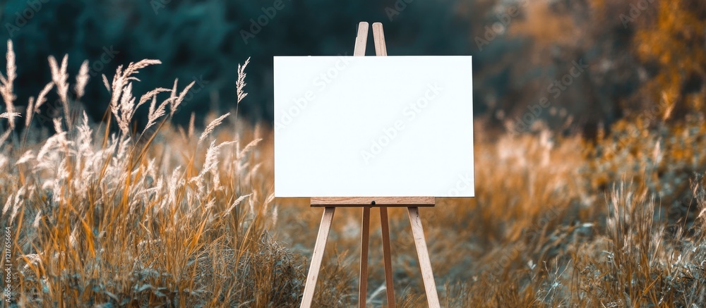 Poster Blank Canvas on Easel in Nature for Creative Editing and Image Enhancement with Ample Copyspace for Personalized Text and Design