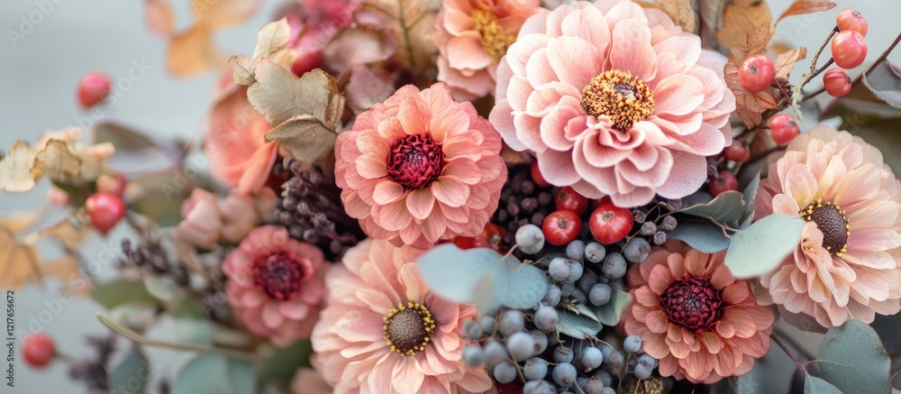 Poster delicate pink flower bouquet with dried leaves and berries showcasing vibrant colors and empty space