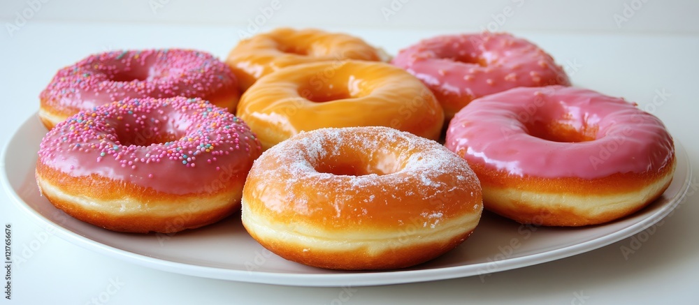 Poster freshly glazed colorful donuts arranged on a white plate with ample copy space for promotional text 