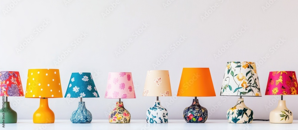 Poster Colorful decorative lampshades with various patterns arranged on a white background showcasing vibrant design and ample space for text.