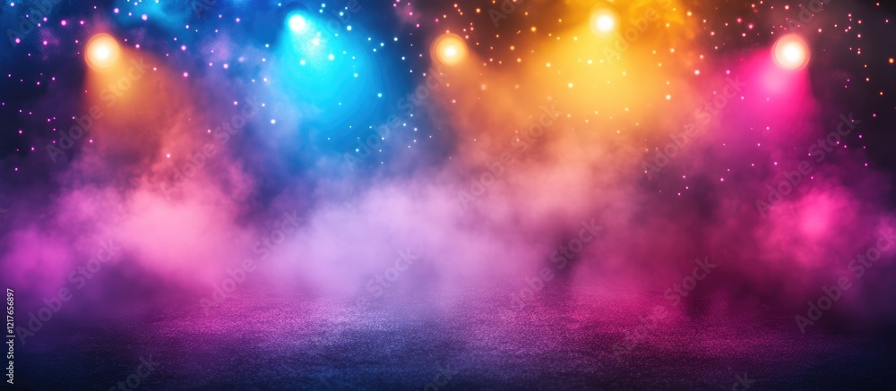 Aufkleber Vibrant Abstract Colorful Spotlight Effects with Smoke Background and Blank Space for Text in a Dynamic Stage Setting