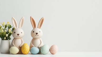 Wooden Easter Bunnies Surrounded by Colorful Eggs and Flowers on Light Background with Space for Seasonal Greetings or Messages