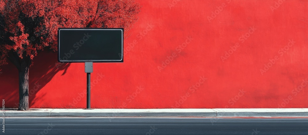 Poster blank billboard by the road with red background offering copyspace for custom branding and advertisi