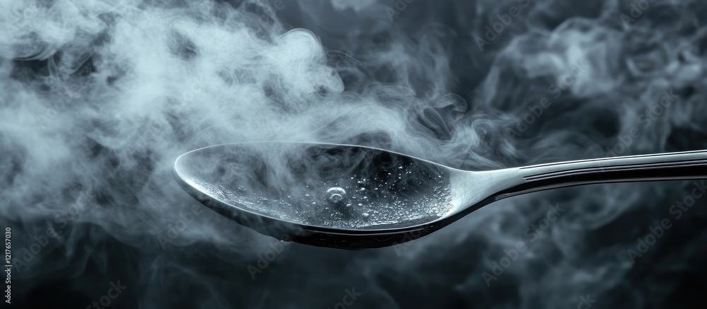 Poster elegant black spoon creating steam and smoke in dark setting with ample copyspace for text or brandi