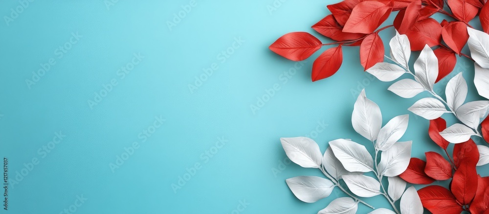 Poster textured foliage background with vibrant red and white leaves on a cyan blue backdrop creating space