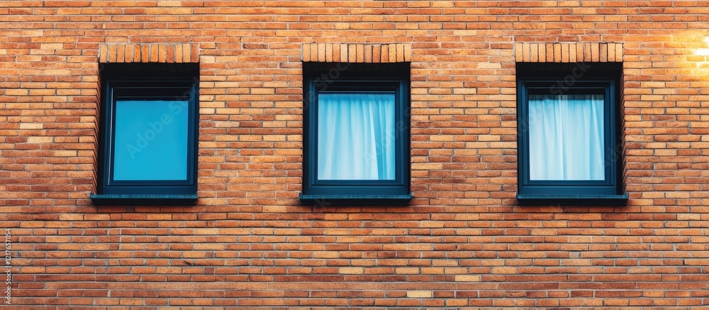 Poster Urban residential architecture featuring a brick wall with ceramic tile roof texture and three windows creating an inviting atmosphere for design.
